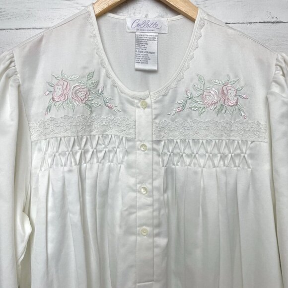 NEW Collette by Miss Elaine White Floral Embroidered Nightgown Long Sleeves L - Picture 2 of 8